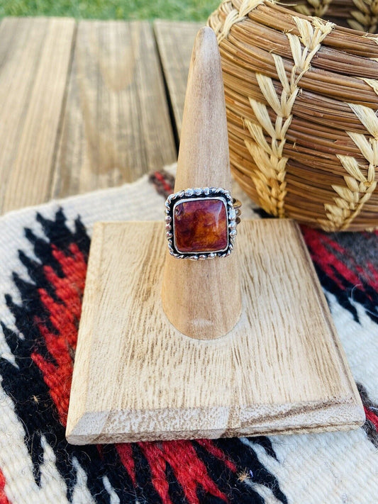 Handcrafted Sterling Silver & Orange Spiny Ring Size 6