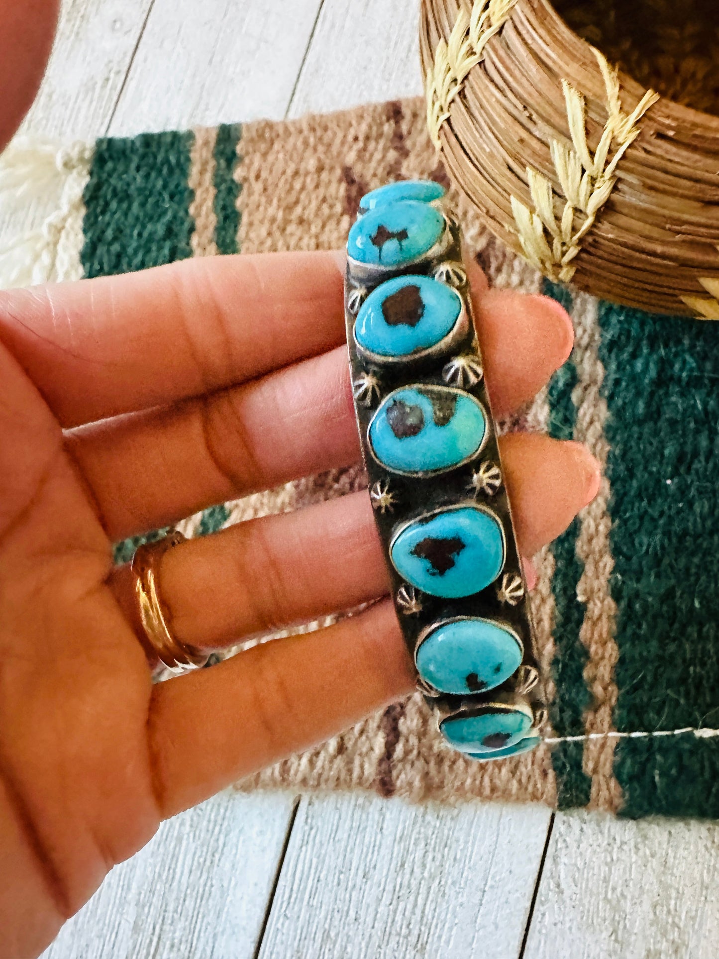 Old Pawn Handcrafted Sterling Silver & Sleeping Beauty Turquoise Cuff Bracelet /