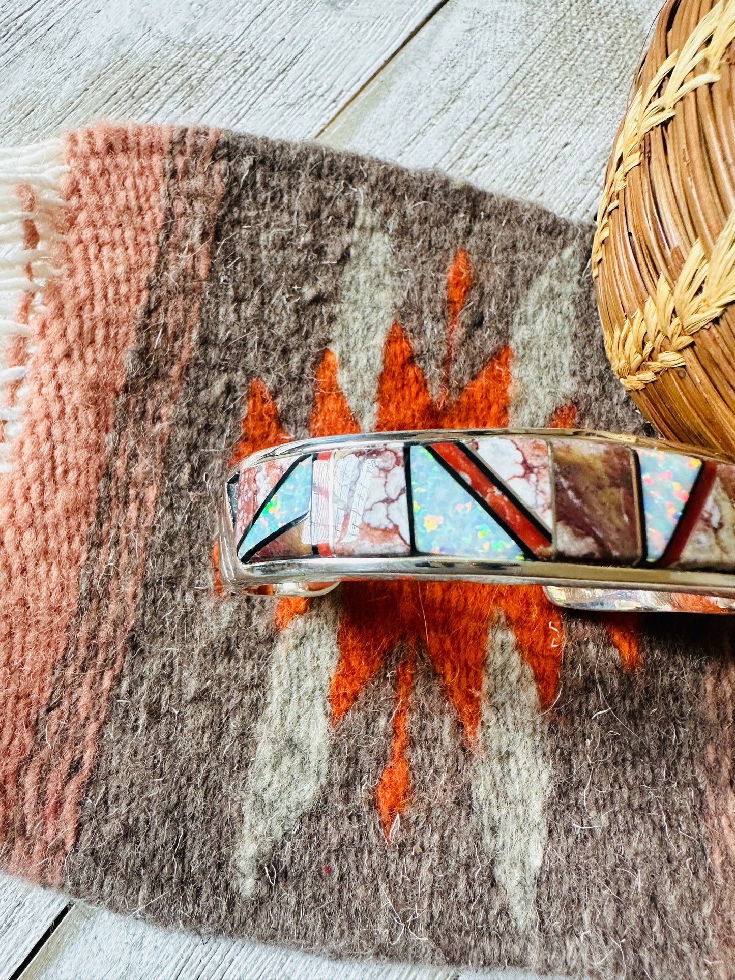 Handcrafted Multi Stone & Sterling Silver Inlay Cuff Bracelet