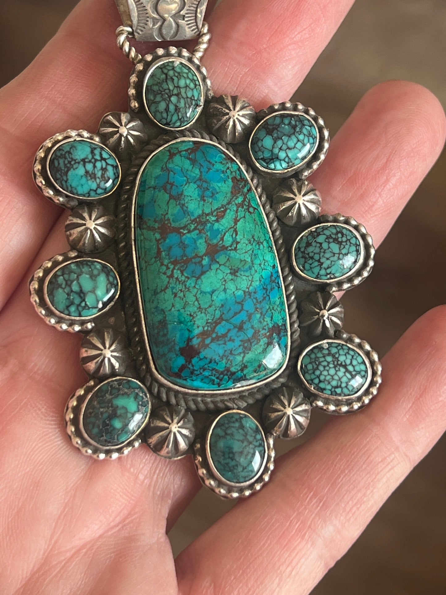 Apache Made Sterling Silver, Hubei Turquoise & Chrysocolla Cluster Pendant by Rosella Paxson