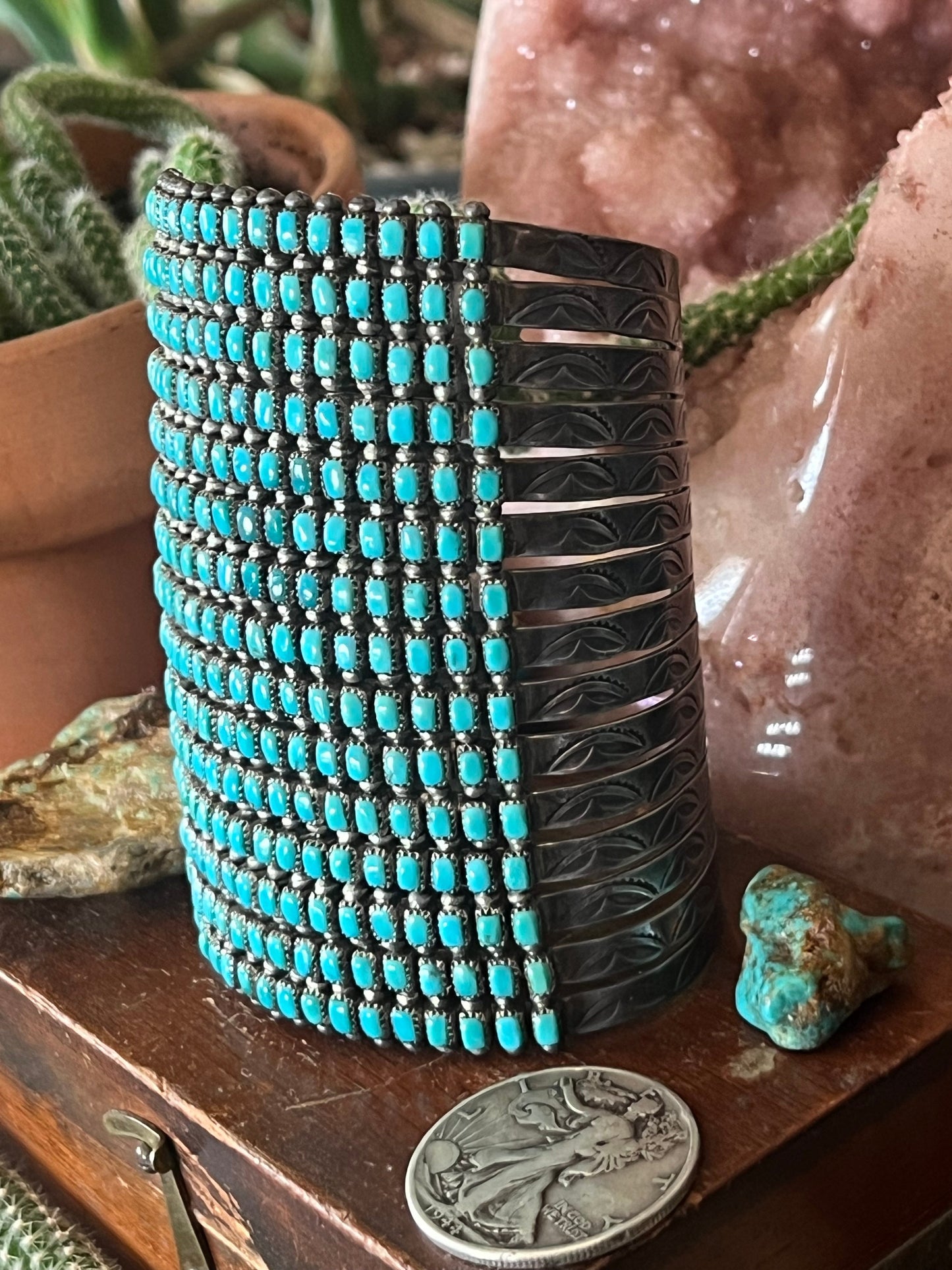 Handcrafted Stunning Old Pawn 15 Row Sterling Silver & Turquoise Gauntlet Style Cuff Bracelet by Clark Couyancy /