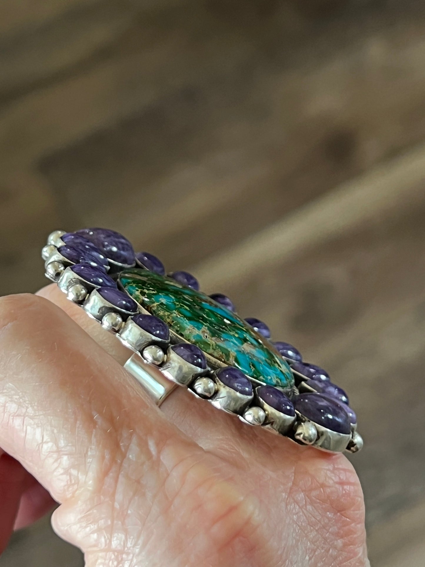 Handcrafted Sterling Silver, Sonoran Turquoise and Charoite Cluster Ring by Tyler Brown: Adjustable