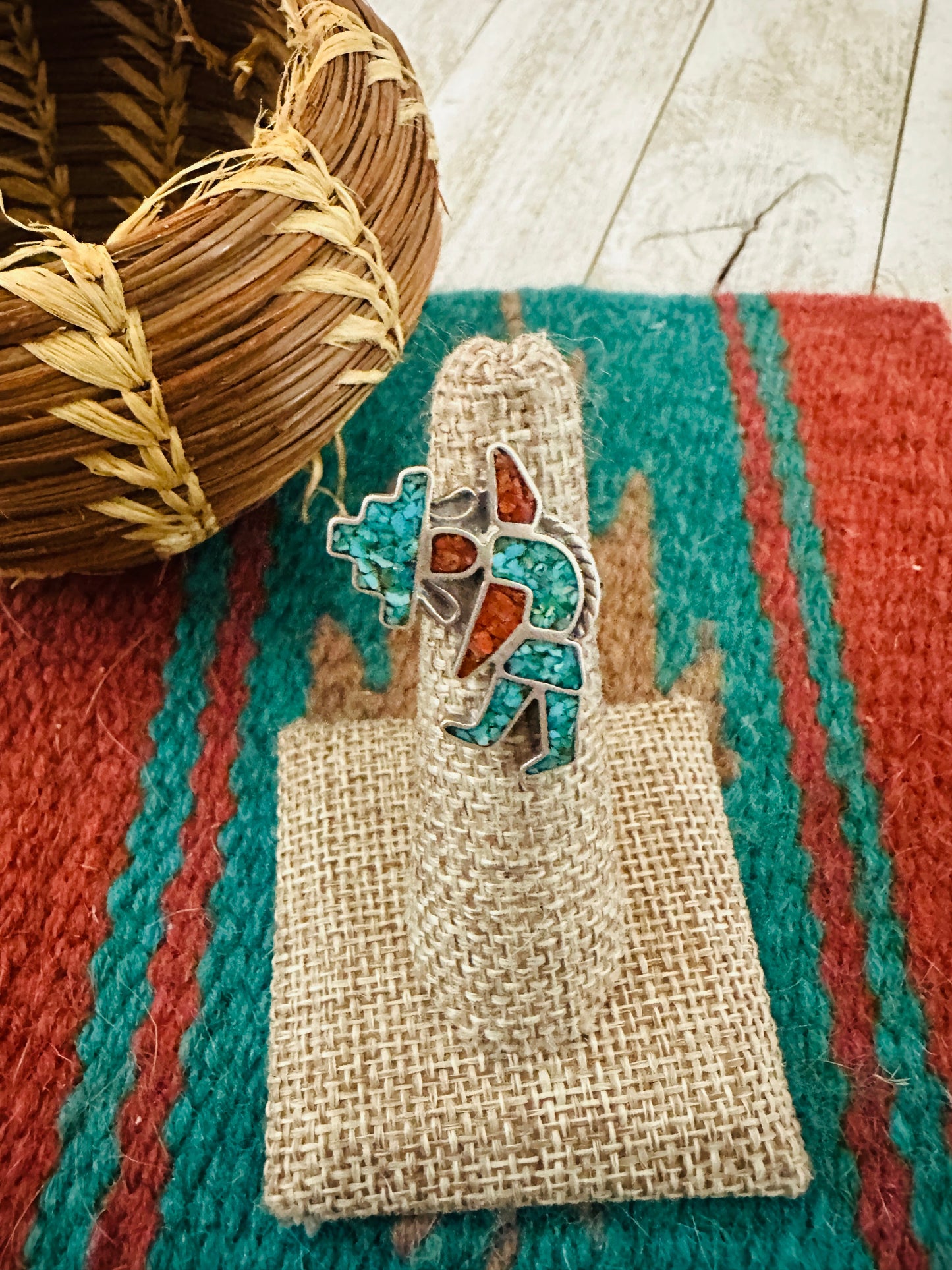 Handcrafted Old Pawn Sterling Silver, Turquoise & Coral Inlay Kachina Ring Size 5