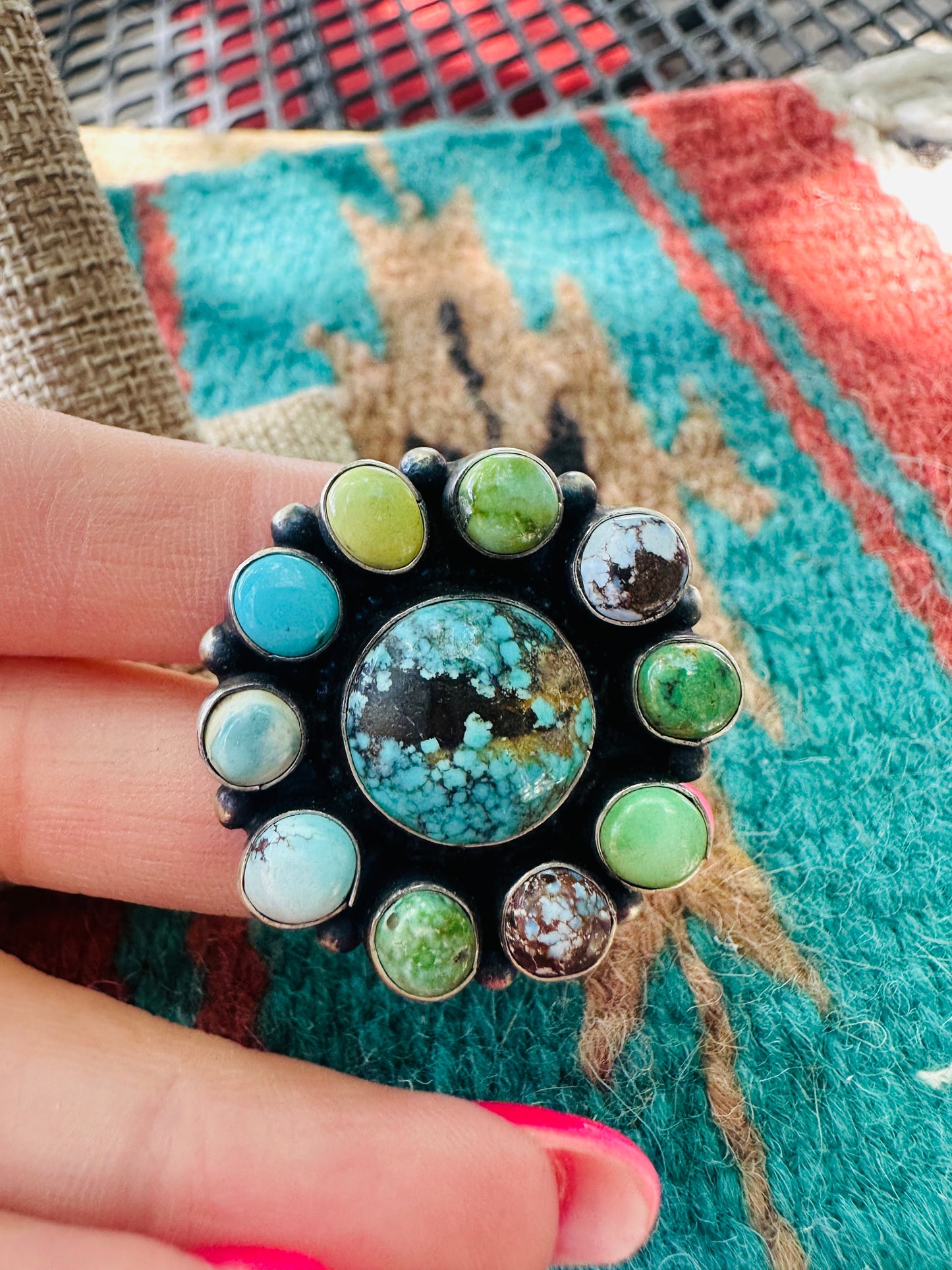 Handcrafted Sterling Silver & Turquoise Cluster Adjustable Ring