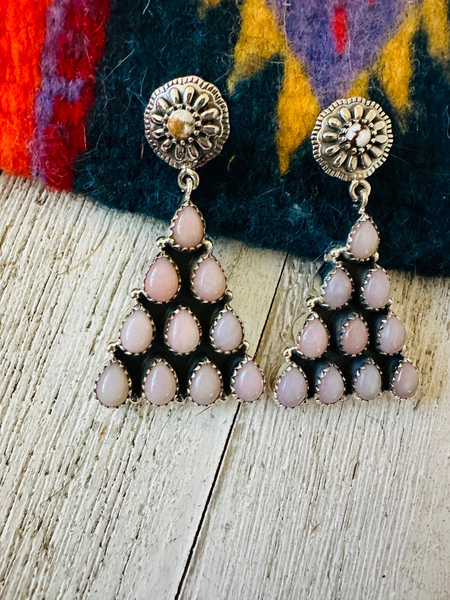 Handmade Pink Opal & Sterling Silver Triangle Dangle Earrings Signed Nizhoni