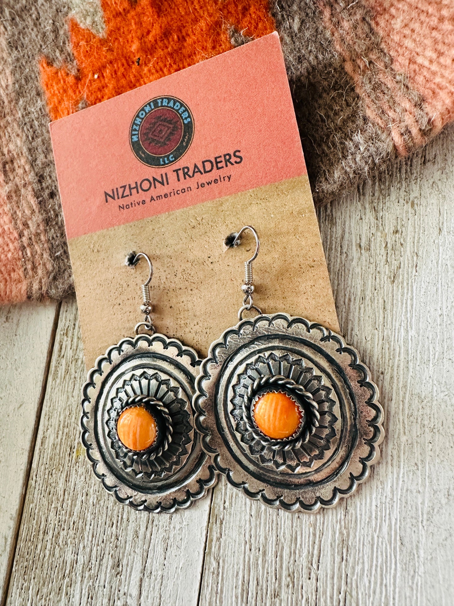 Handcrafted Orange Spiny and Sterling Silver Concho Dangle Earrings