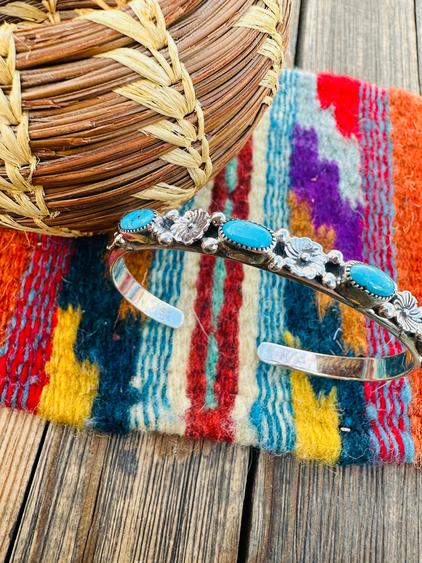 Handcrafted Turquoise & Sterling Silver Flower Stacker Cuff Bracelet