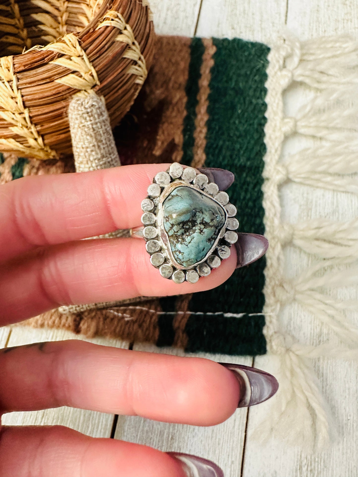 Old Pawn Handcrafted Turquoise & Sterling Silver Ring Size 9 by Gilbert Nez