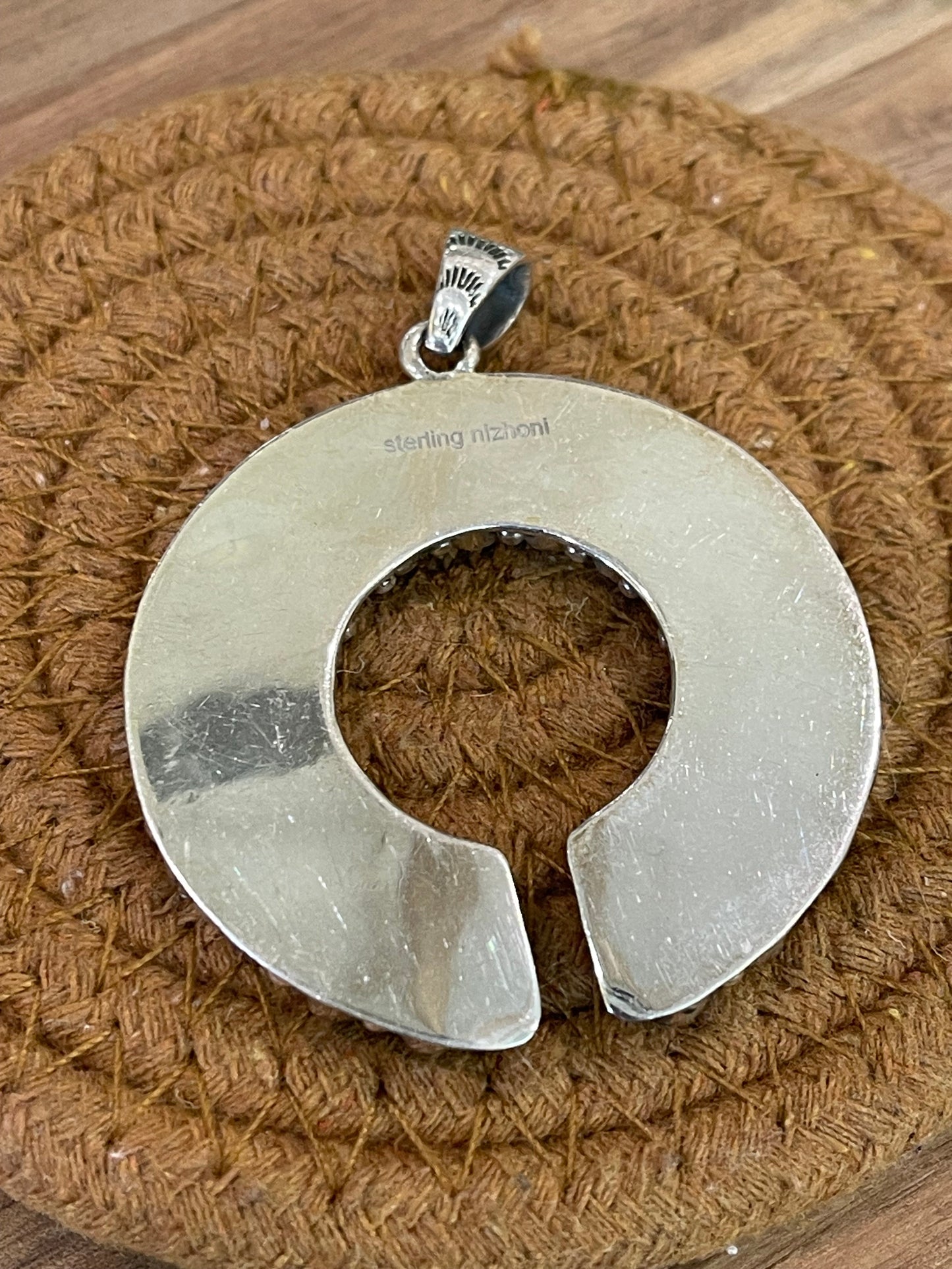 Handmade Sterling Silver, Mother Of Pearl & Orange Mojave Cluster Pendant Signed Nizhoni