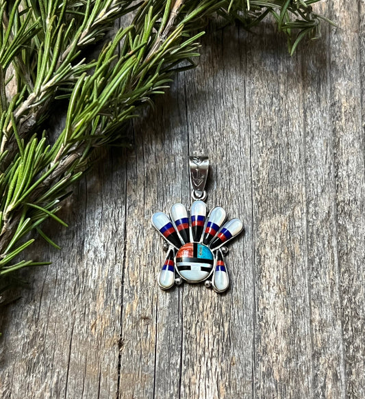 Handmade MultiStone Inlay Sun Face Sterling Silver Pendant