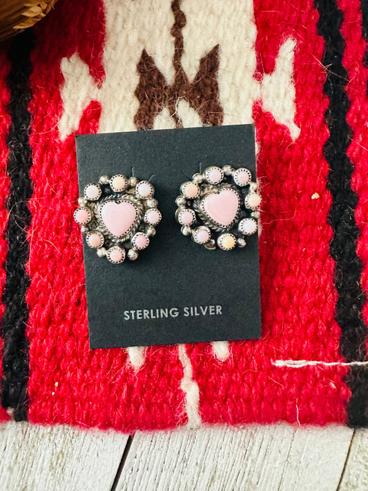 Sterling Silver & Queen Pink Conch Cluster Heart Earrings