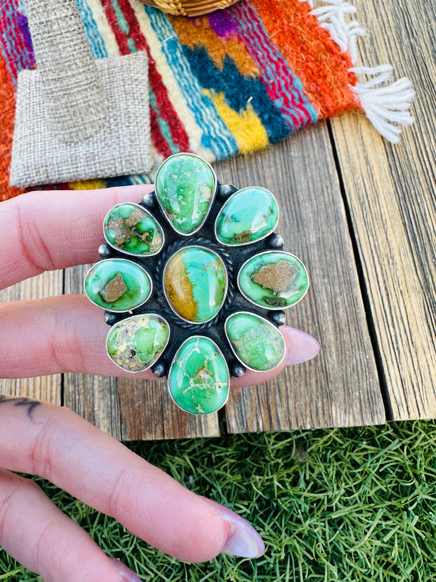 Handcrafted Sonoran Gold Turquoise & Sterling Silver Adjustable Cluster Ring by Elouise Richards