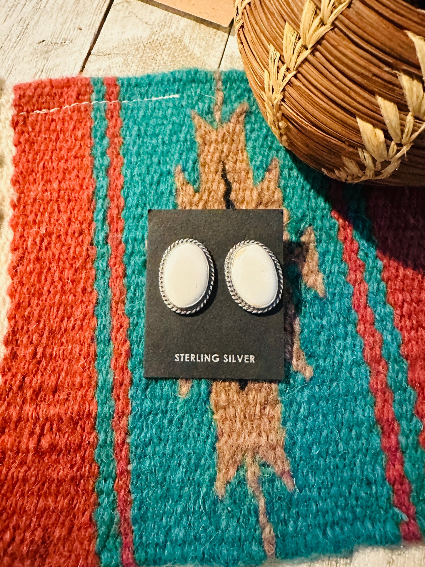 Navajo White Buffalo and Sterling Silver Oval Post Earrings