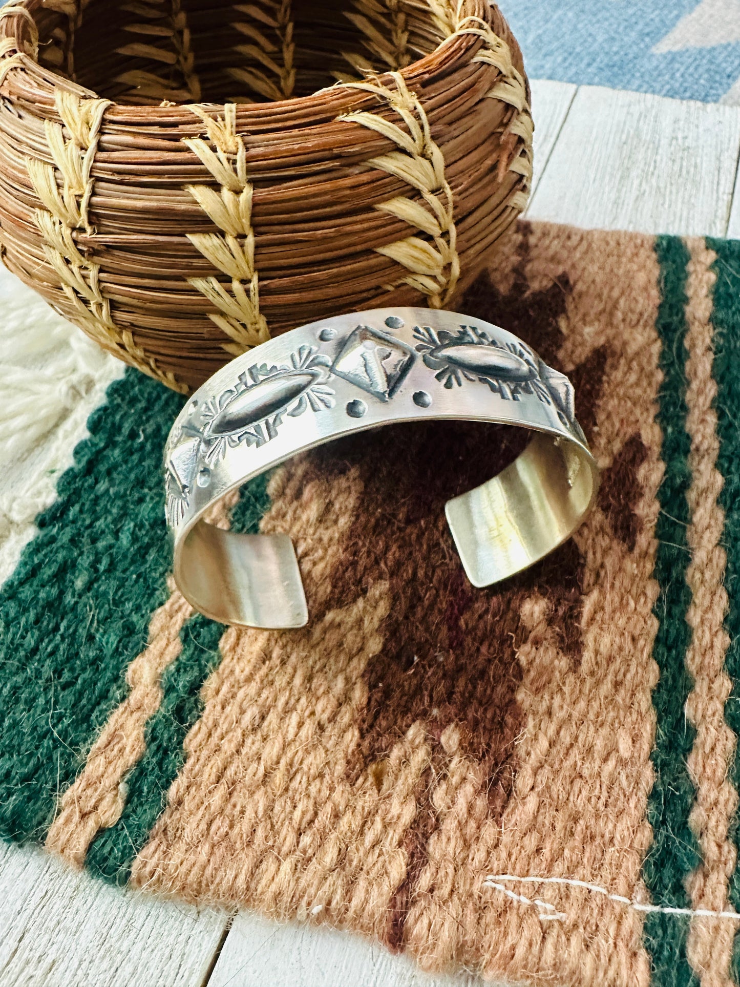 Handcrafted Stamped Sterling Silver Cuff Bracelet By Elvira Bill