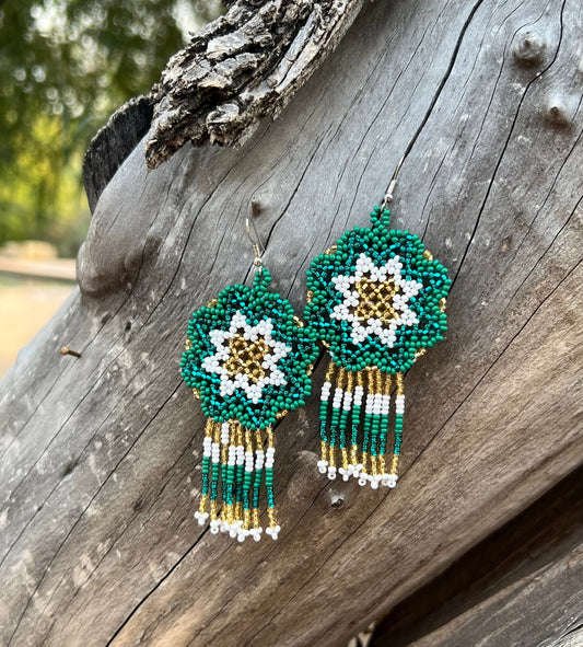 Handmade MultiColor Beaded Dangle Earrings (Green, White, & Gold)