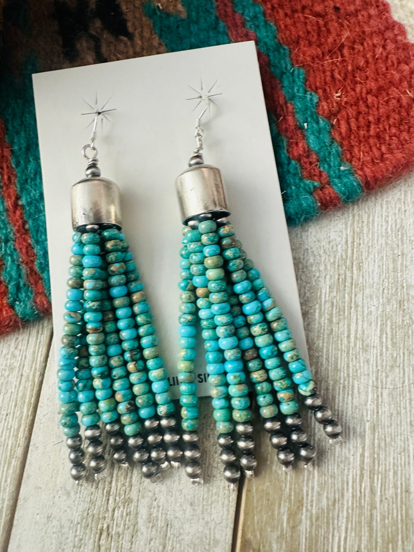 Handcrafted Lighter Turquoise & Sterling Silver Pearl Beaded Tassel Dangle Earrings