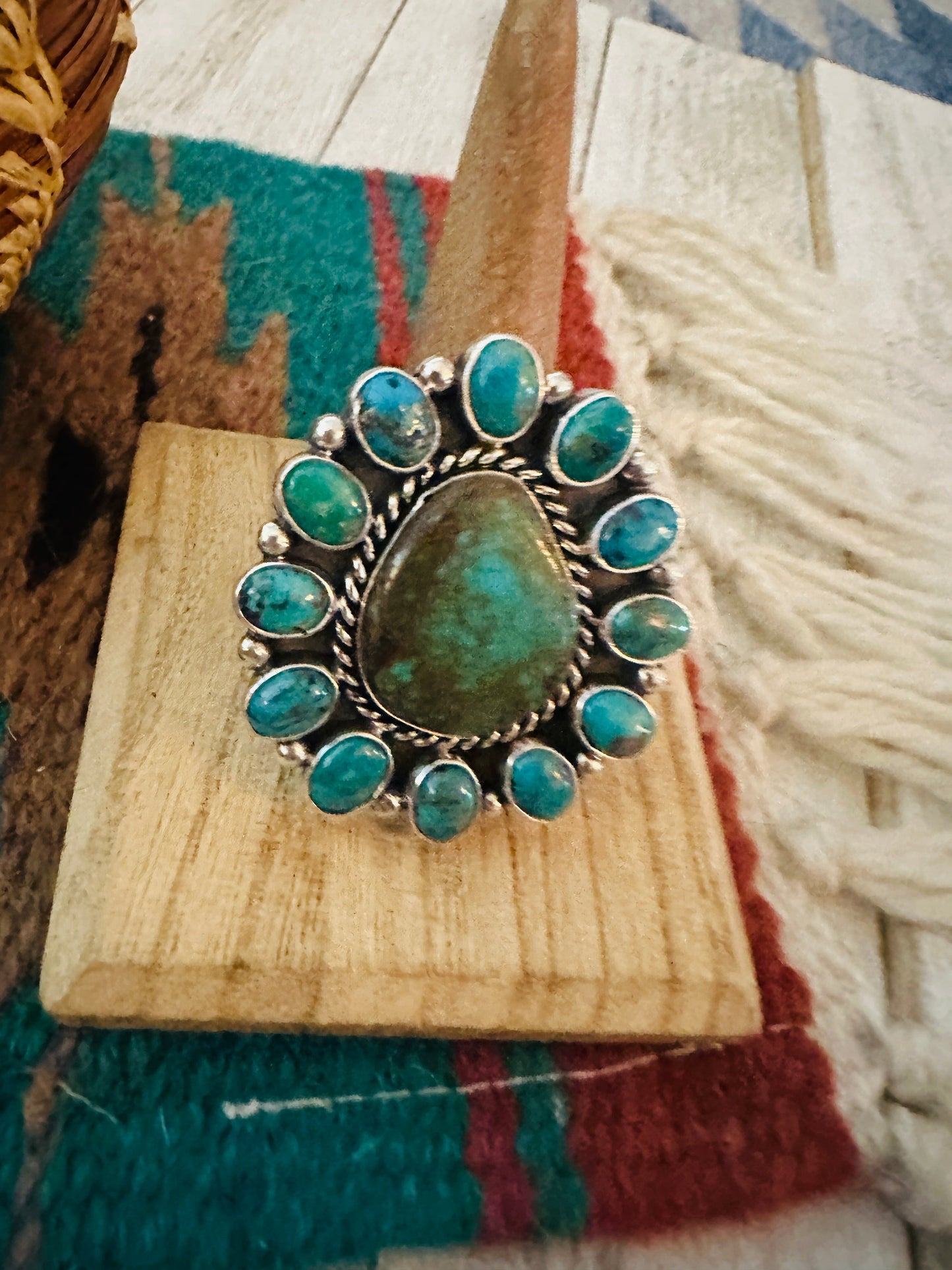 Handcrafted Sterling Silver & Turquoise Cluster Adjustable Ring