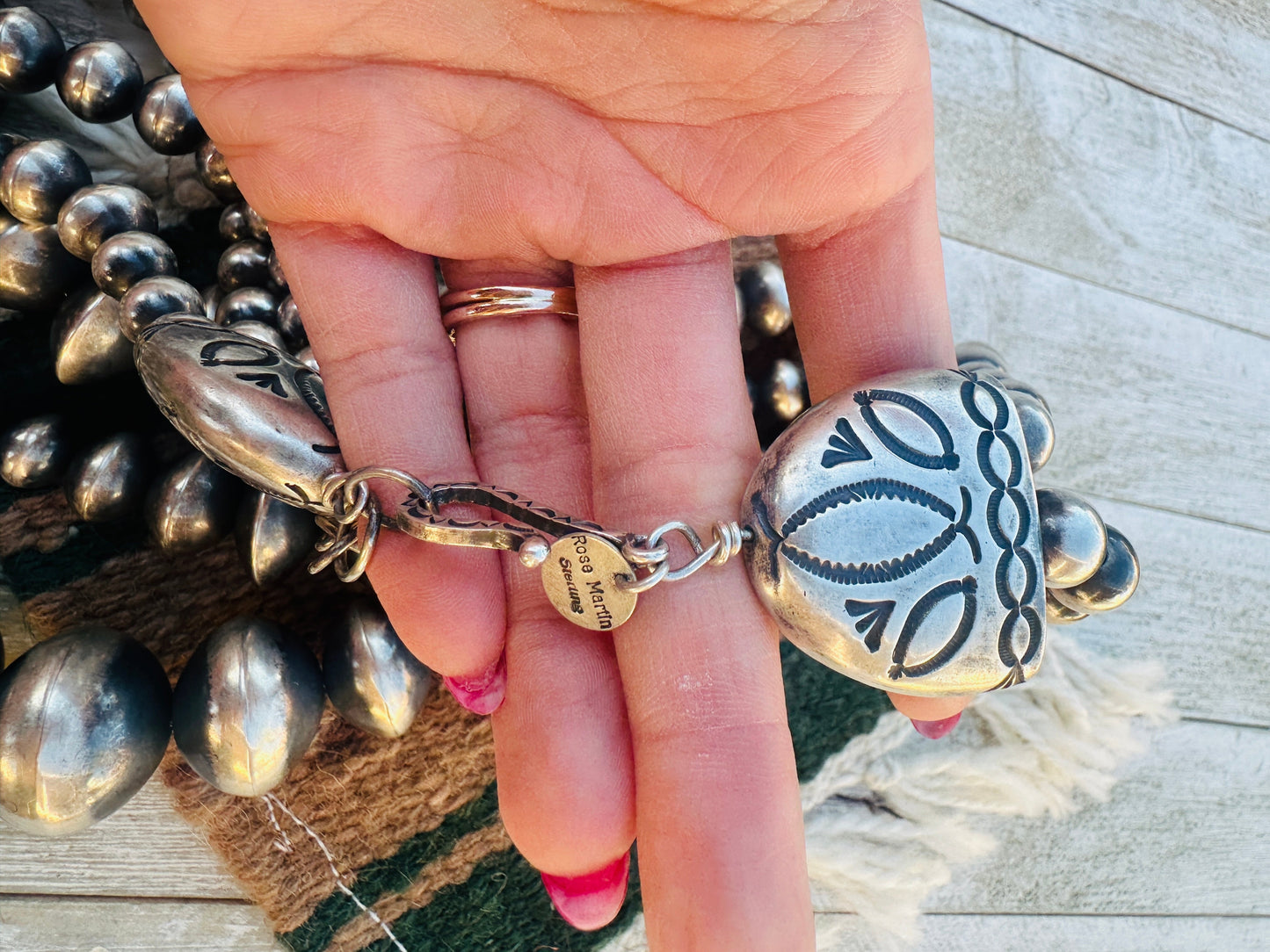 Handcrafted Triple Strand Sterling Silver Pearl Beaded Necklace by Rose Martin