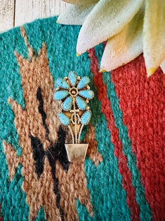 Handcrafted Turquoise & Sterling Silver Flower Brooch
