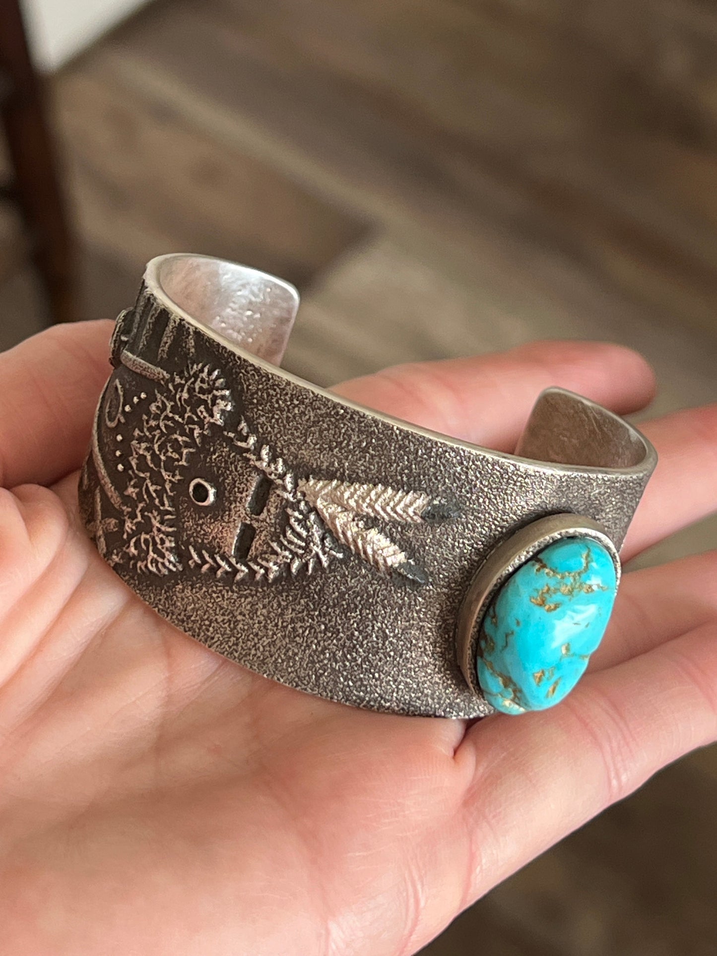 Handcrafted Tufa Cast Sterling Mudhead Cuff Bracelet with Kingman Turquoise by Lee Begay