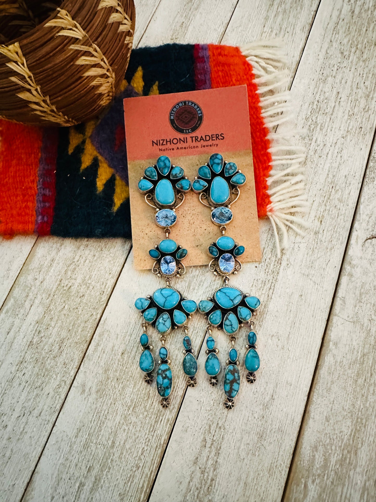 Handcrafted Turquoise, Topaz & Sterling Silver Chandelier Dangle Earrings