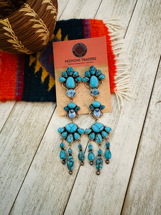 Handcrafted Turquoise, Topaz & Sterling Silver Chandelier Dangle Earrings