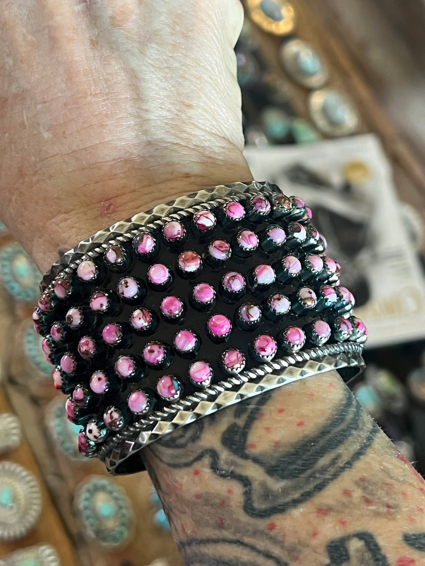 Handcrafted Sterling Silver and Pink Dream Mohave Snake Eye Style Five Row Cuff Bracelet, Signed BJ /