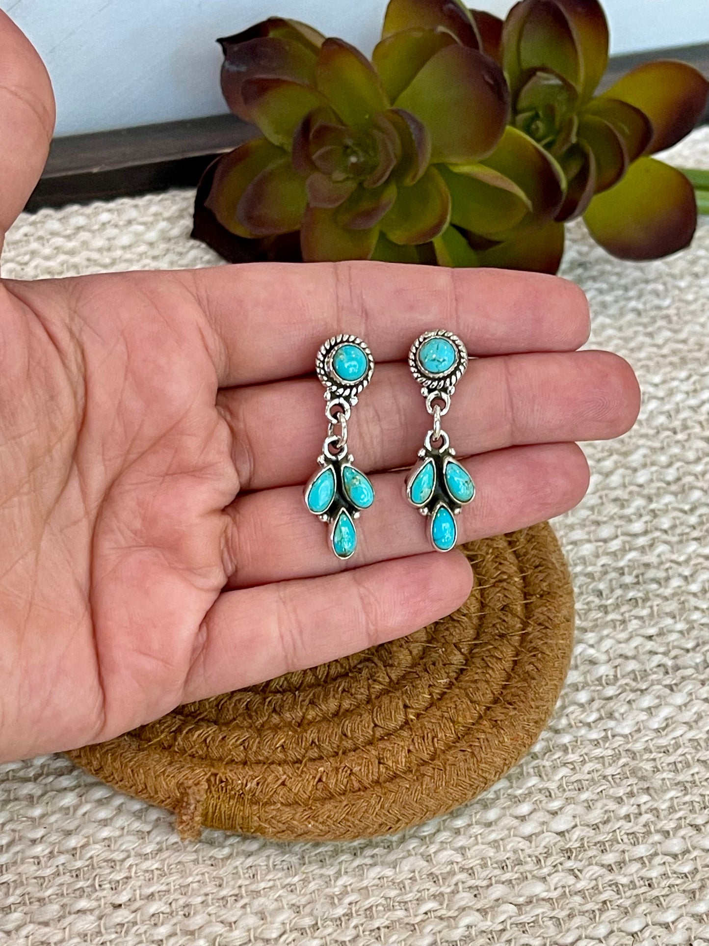 Handmade Sterling Silver Kingman Turquoise Post Dangle Earrings with Signed Nizhoni