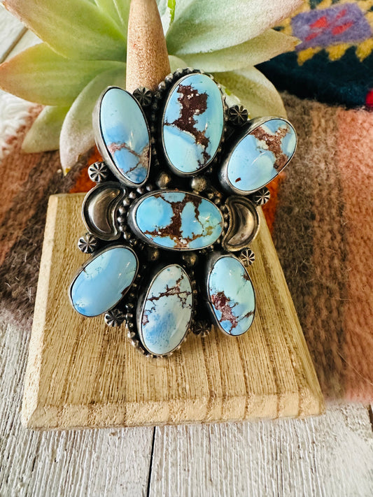Handcrafted Golden Hills Turquoise & Sterling Silver Cluster Ring Size 10