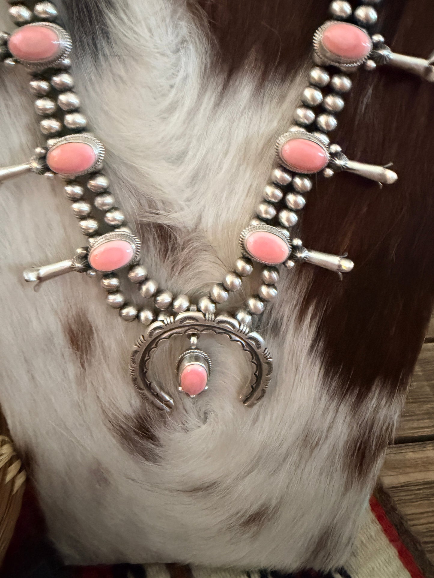 Handcrafted Queen Pink Conch & Sterling Silver Beaded Squash Blossom Necklace Set by Melvin Francis