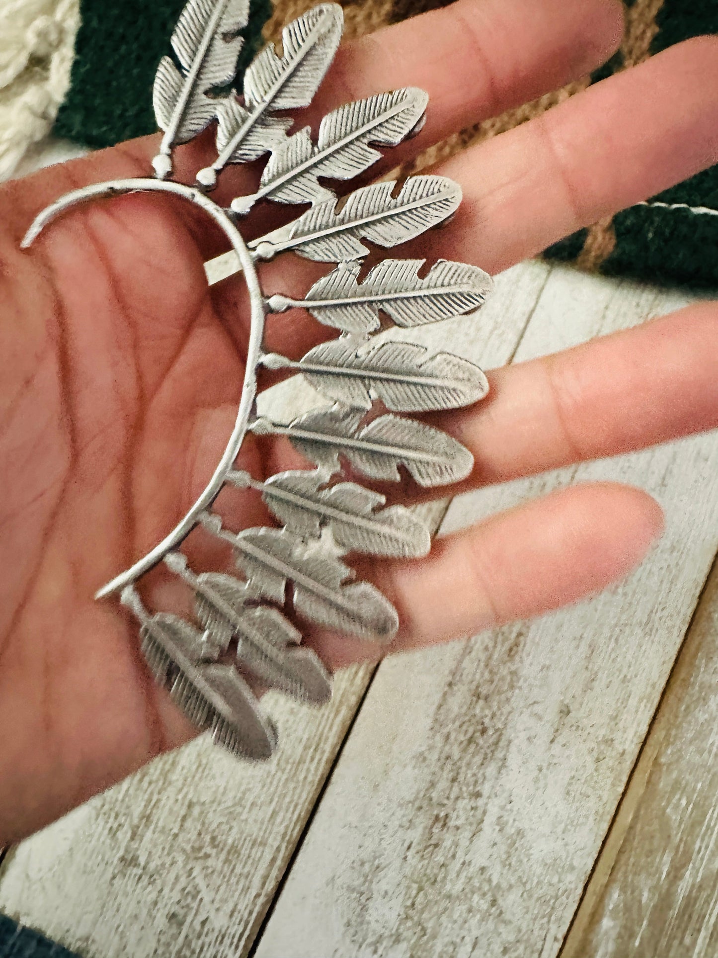 Handcrafted Queen Pink Conch & Sterling Silver Feather Cuff Earring