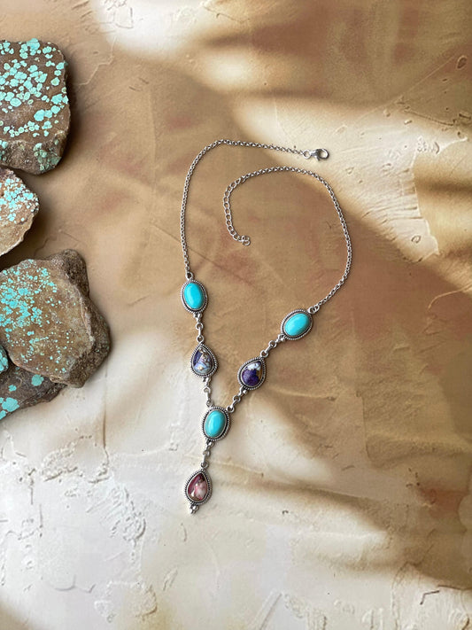 Handmade Sterling Silver, Turquoise, Violet Frost, Dahlia Rose Lariat Necklace