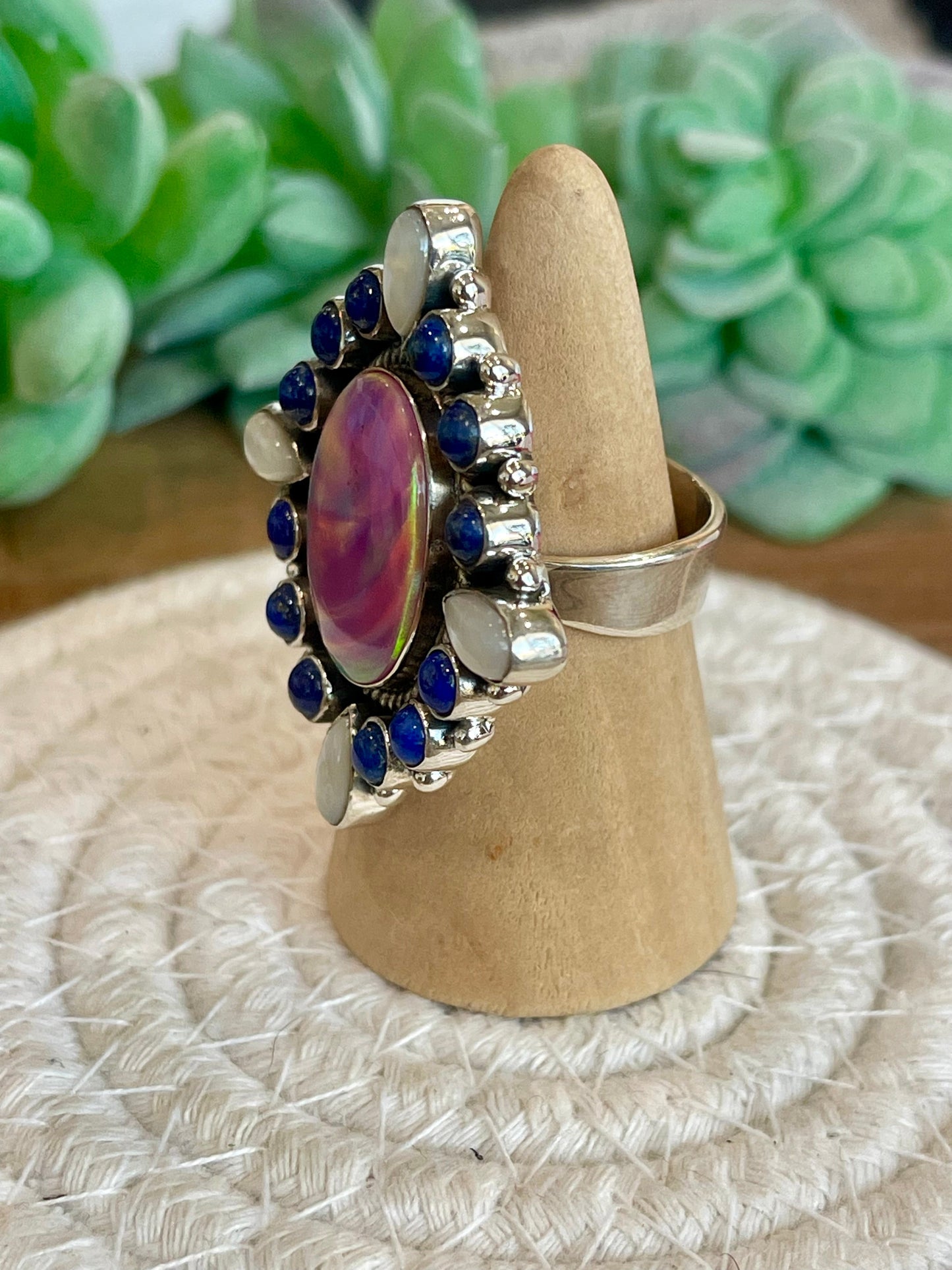 Handmade Pink Opal, Mother Of Pearl, Lapis And Sterling Silver Adjustable Ring Signed Nizhoni