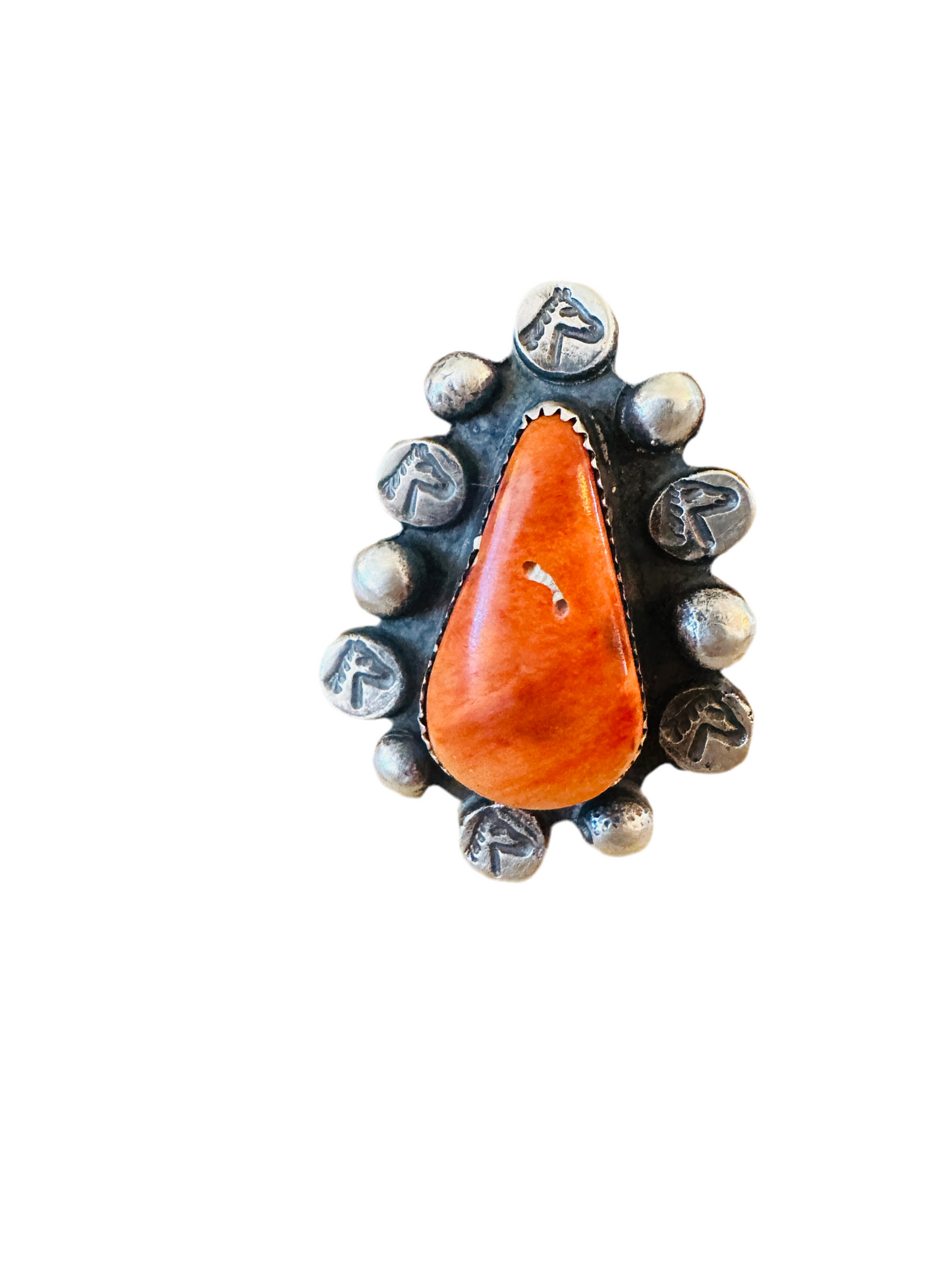 Old Pawn Handcrafted Sterling Silver & Orange Spiny Ring Size 8.5
