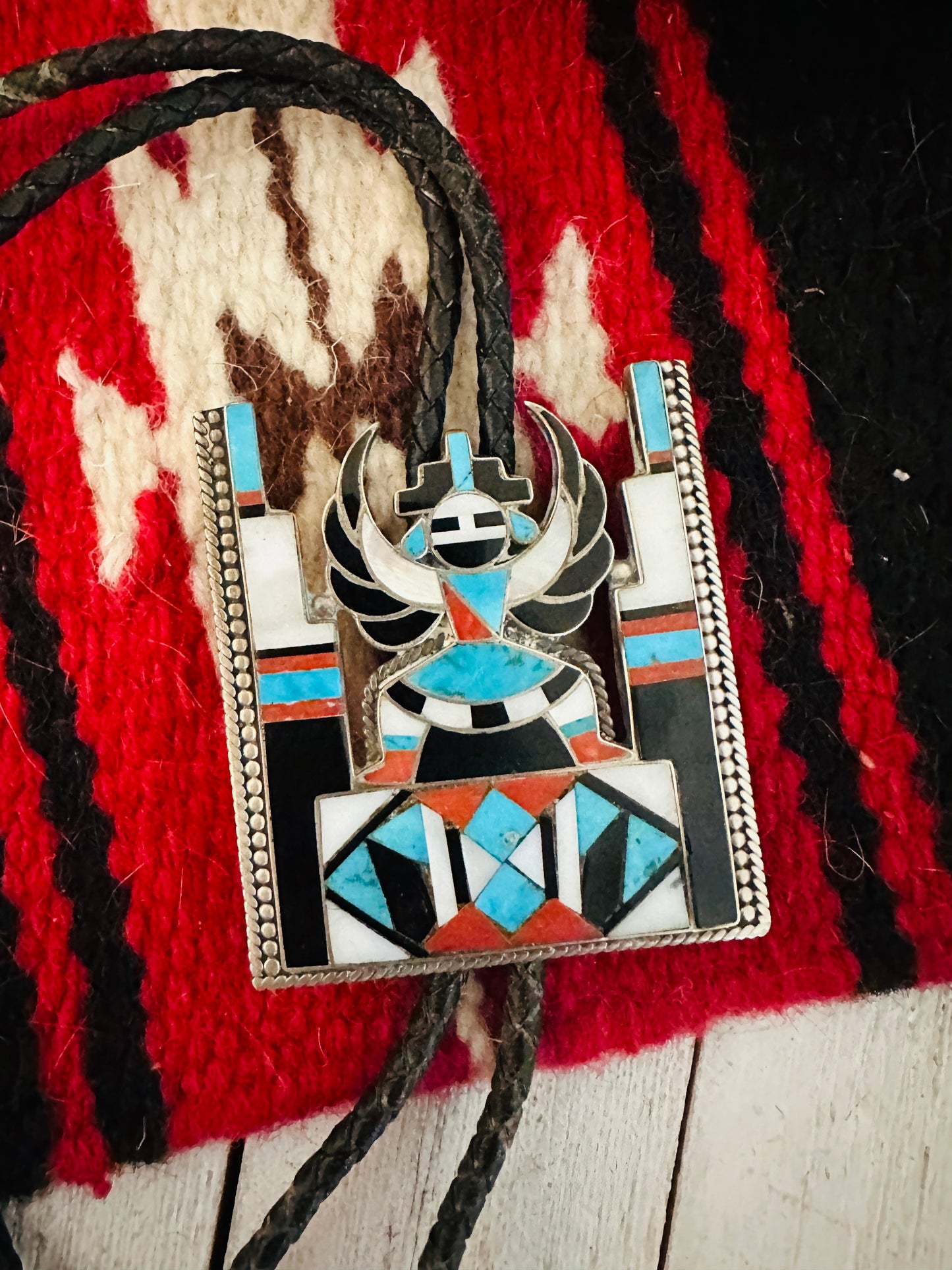 Vintage Old Pawn Handcrafted Multi Stone & Sterling Silver Inlay Knifewing Bolo Tie