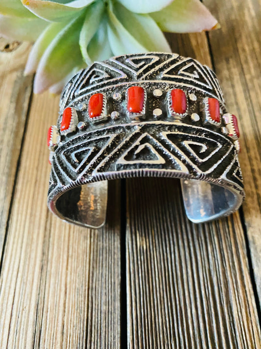 Handcrafted Coral & Sterling Silver Cuff Bracelet By Steve Arviso /