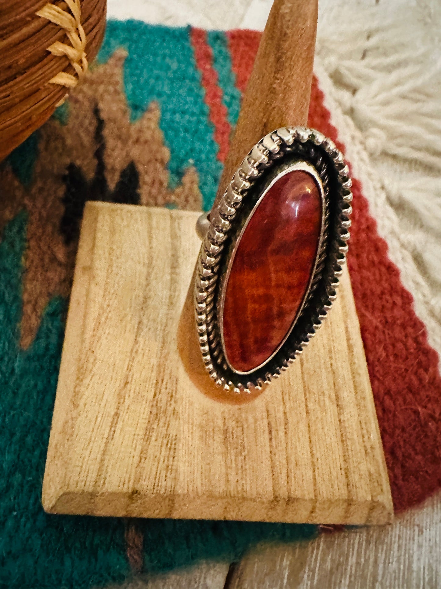 Navajo Sterling Silver & Red Spiny Oyster Adjustable Ring