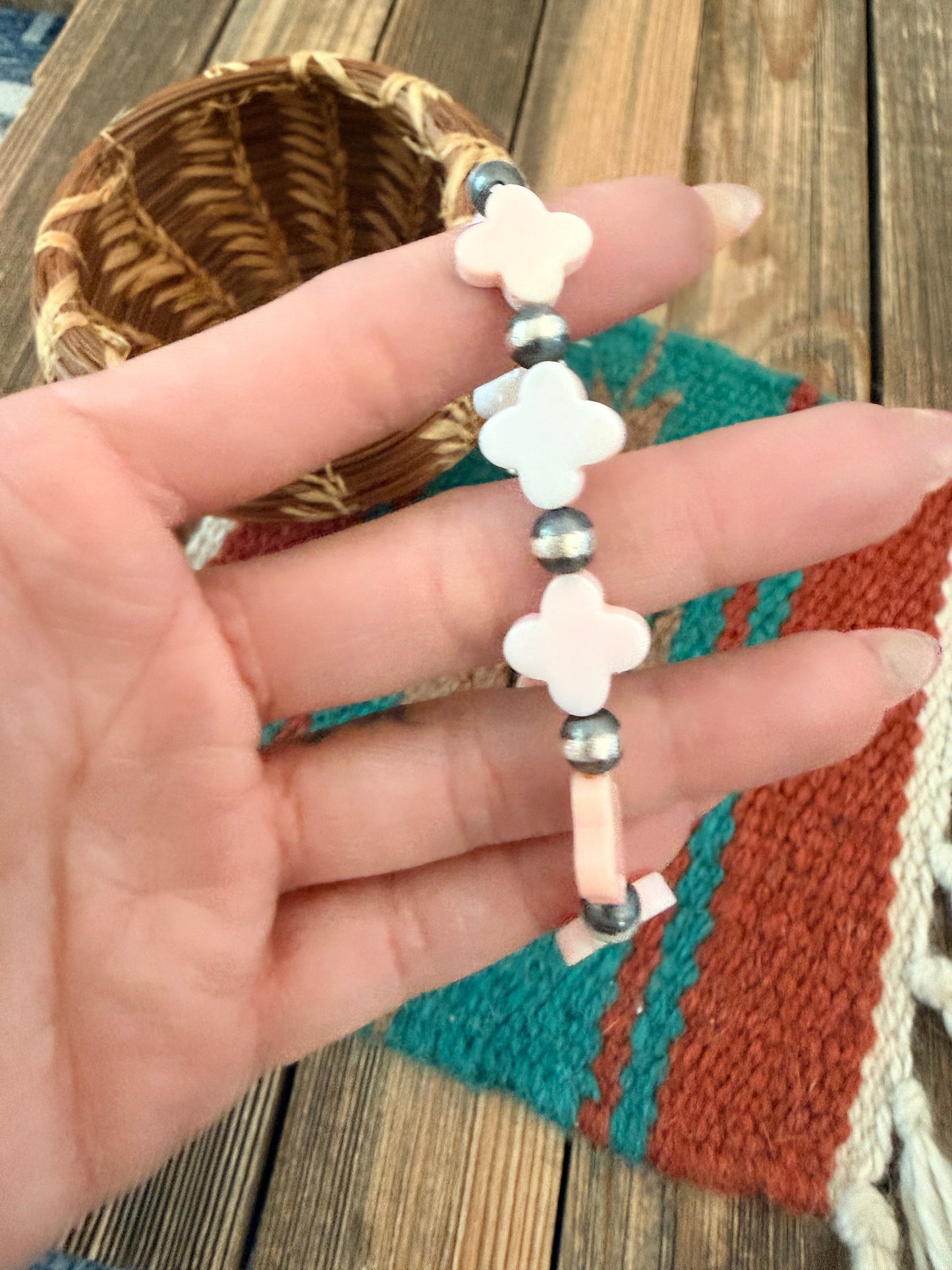Handcrafted Queen Pink Conch & Sterling Silver Pearl Cross Beaded Stretch Bracelet