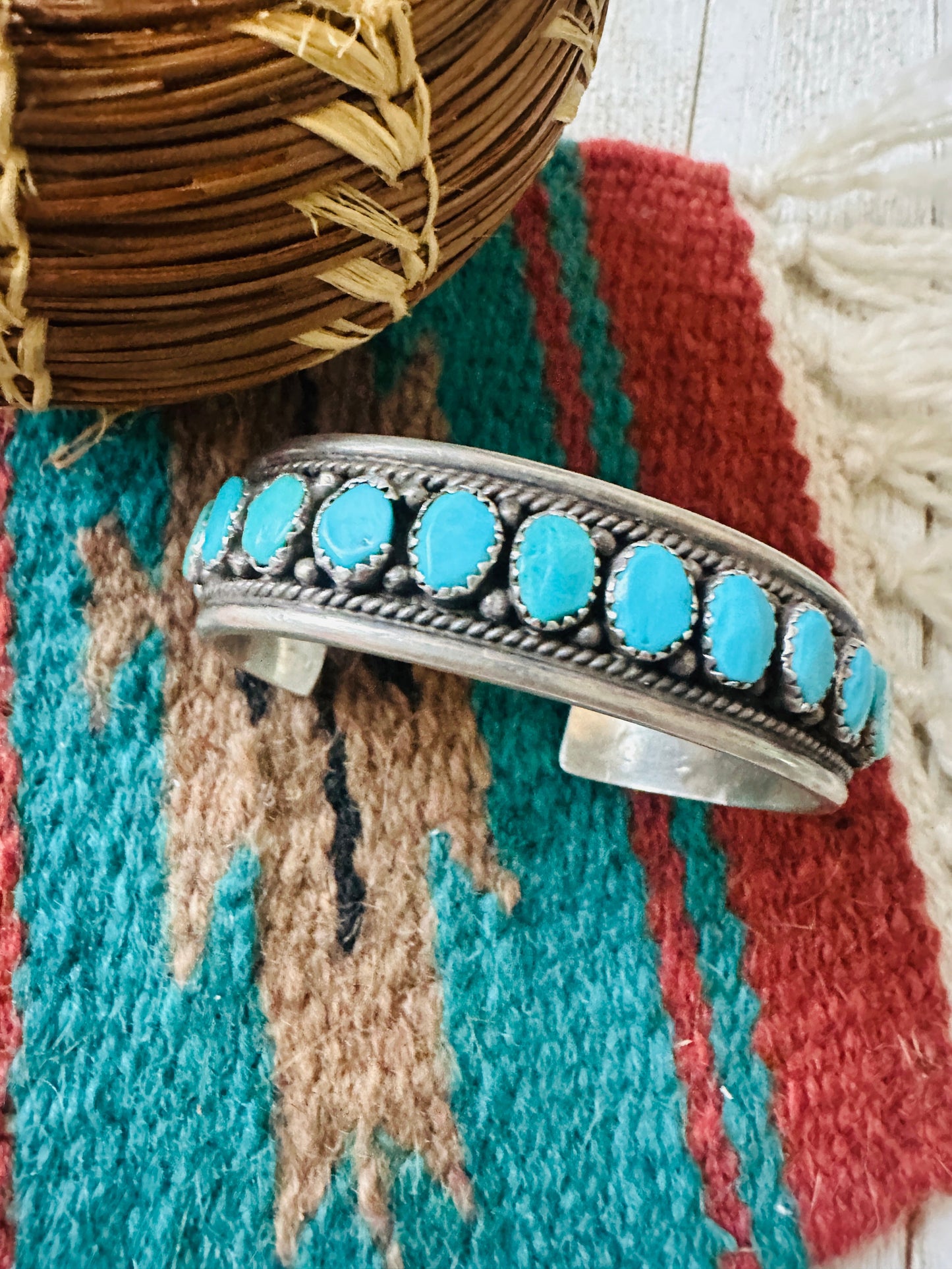 Old Pawn Handcrafted Sterling Silver & Turquoise Cuff Bracelet /