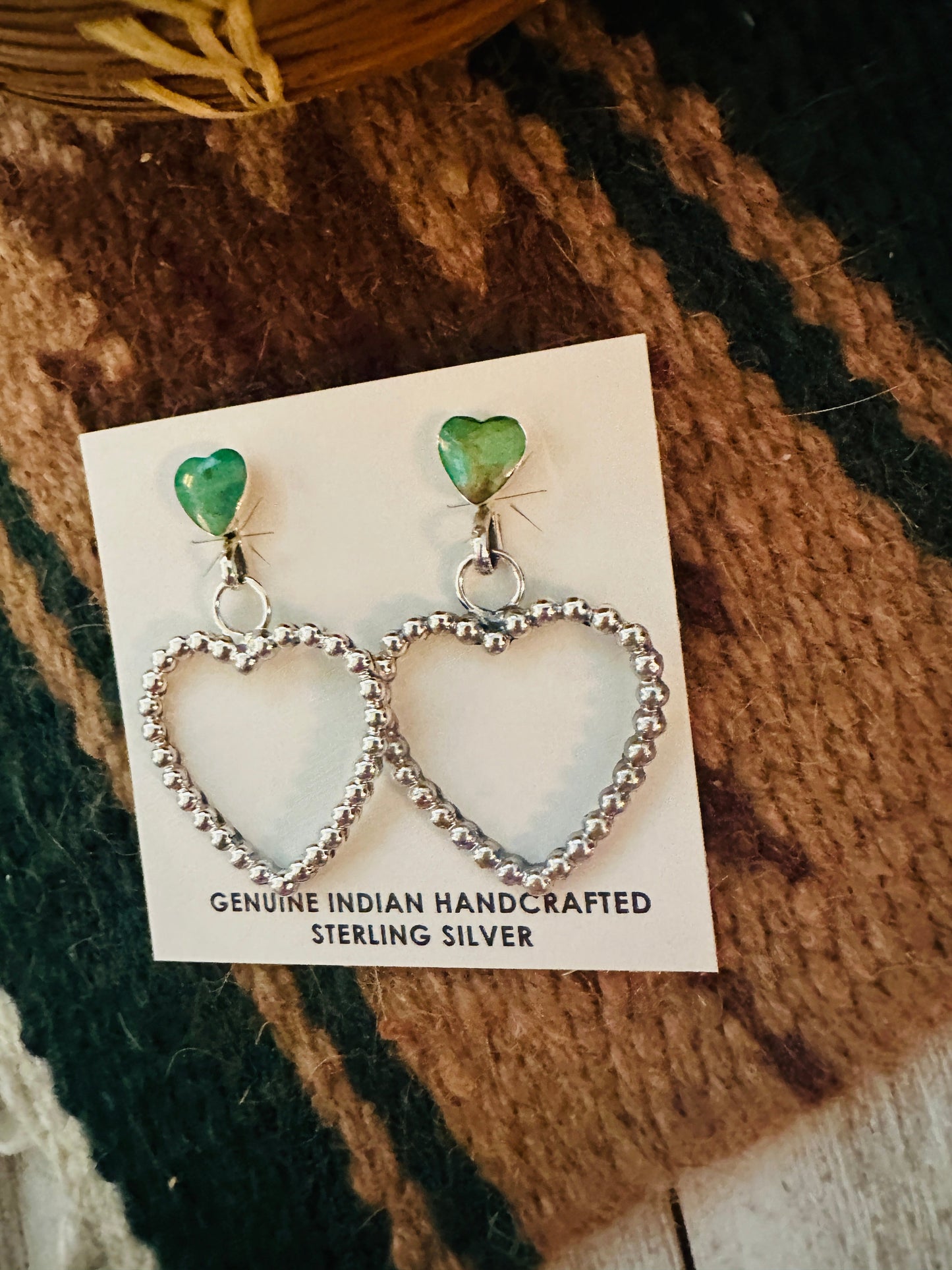 Handcrafted Sonoran Gold Turquoise & Sterling Silver Heart Dangle Earrings