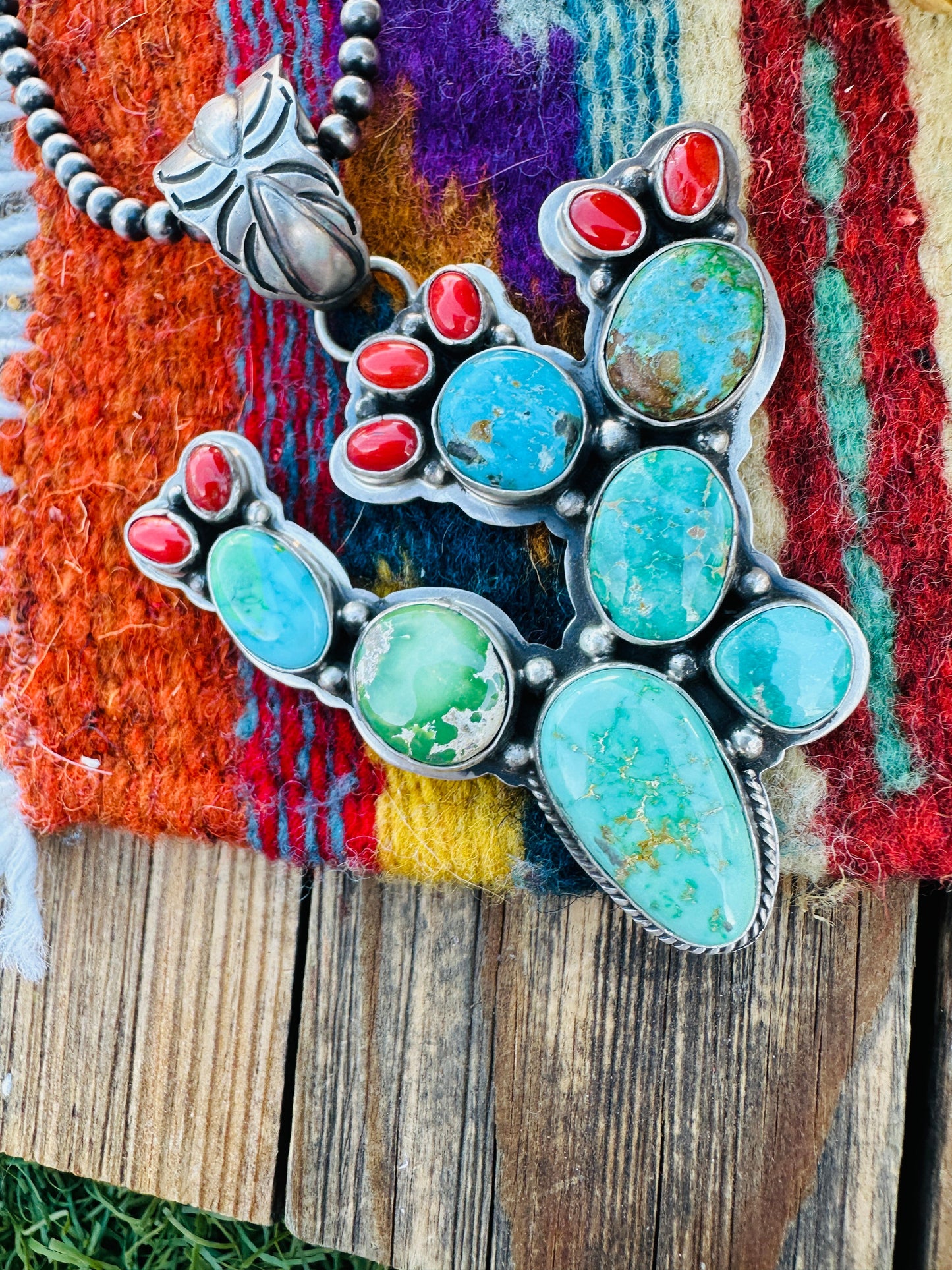 Handcrafted Sterling Silver, Turquoise & Coral Cactus Pendant by Charles Johnson