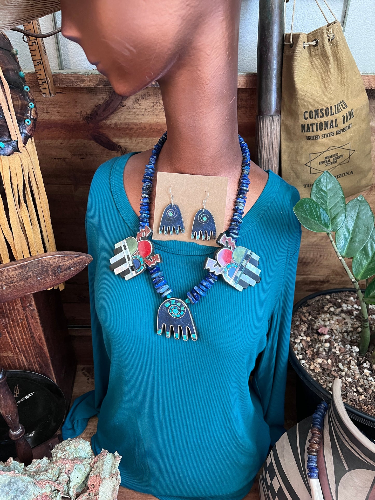 Handcrafted Multi Stone Inlay Healing Hand and Storm Cloud Necklace & Earrings by Warren Nieto
