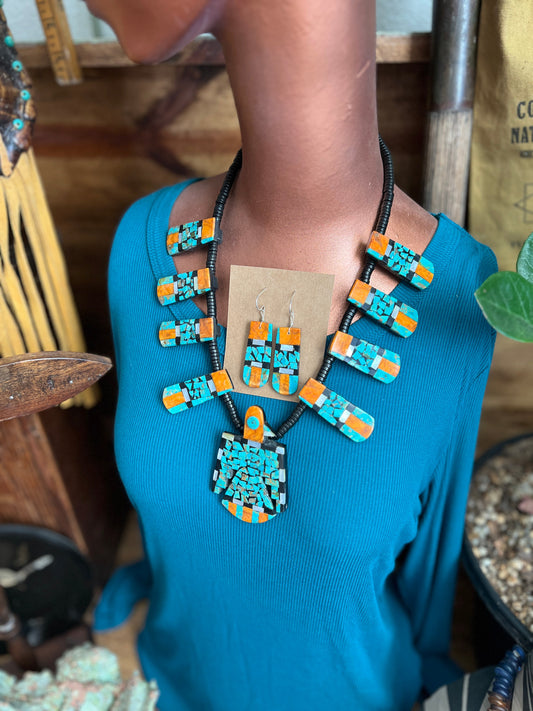 Handcrafted Inlay Turquoise and Apple Coral Thunderbird Tab Necklace & Earrings Set by Warren Nieto