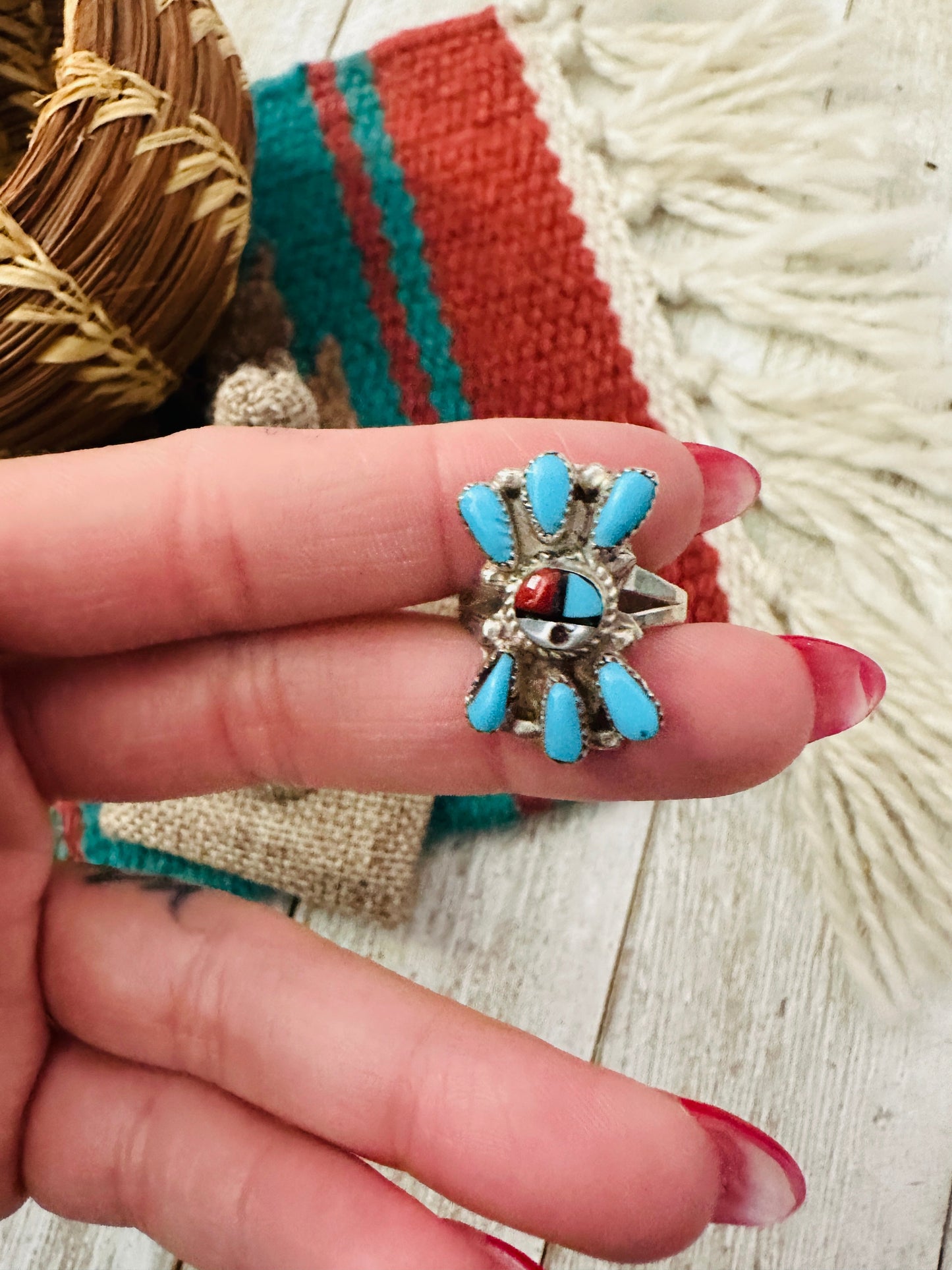 Handcrafted Multi Stone & Sterling Silver Inlay Sun Face Ring Size 6.5