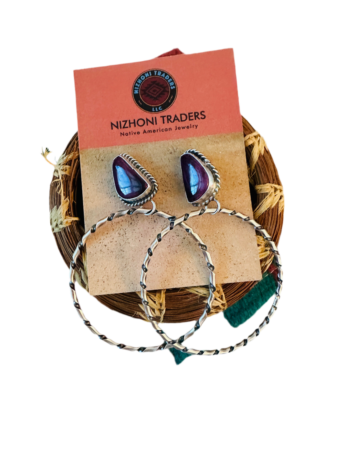Handcrafted Purple Spiny and Sterling Silver Dangle Hoop Earrings