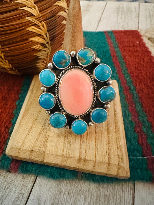 Handcrafted Sterling Silver, Queen Pink Conch & Turquoise Cluster Adjustable Ring