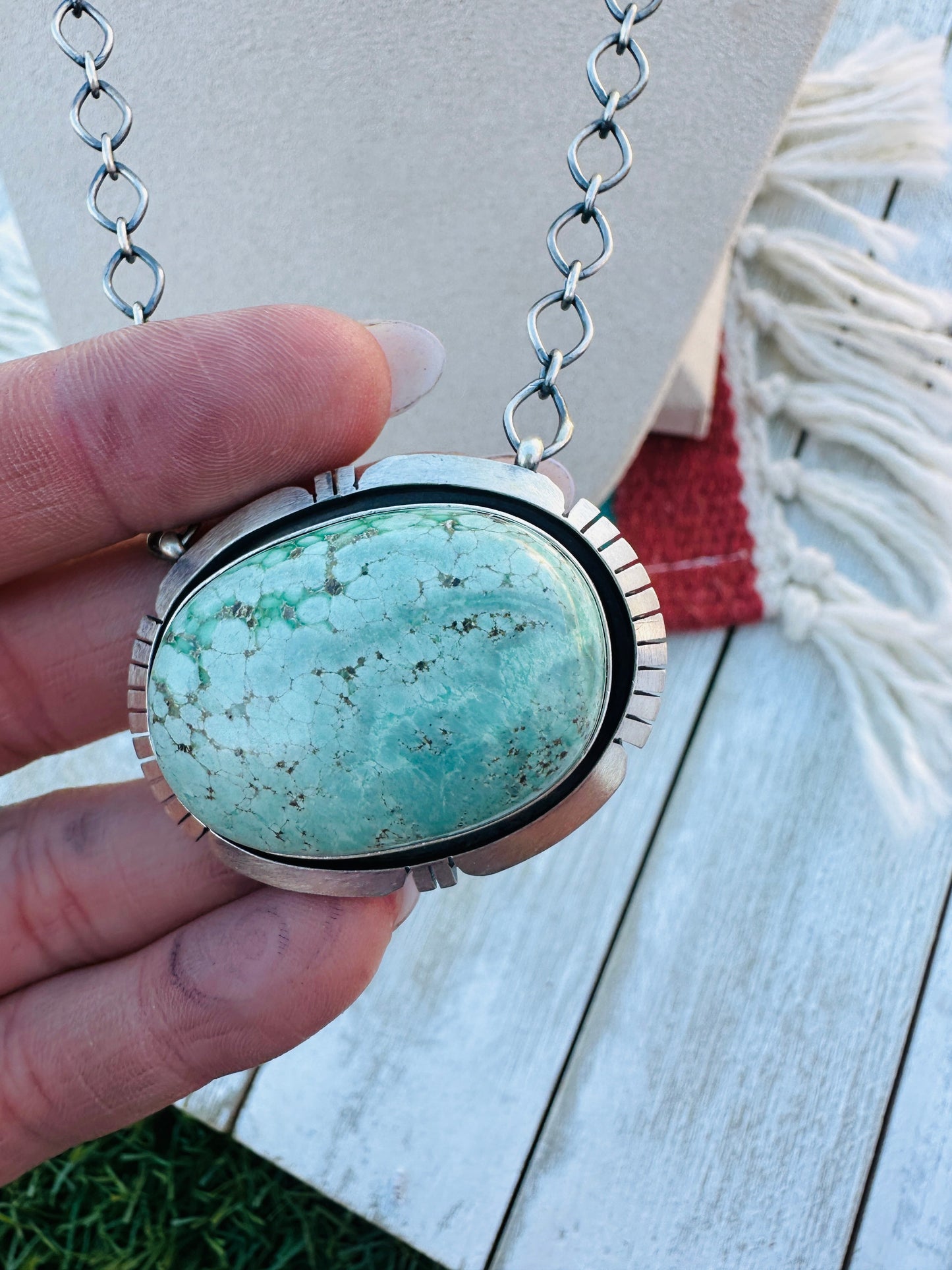 Handcrafted Sterling Silver 18” Link & Turquoise Necklace
