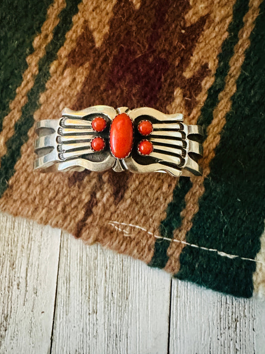 Handcrafted Coral & Sterling Silver Cuff Bracelet Signed
