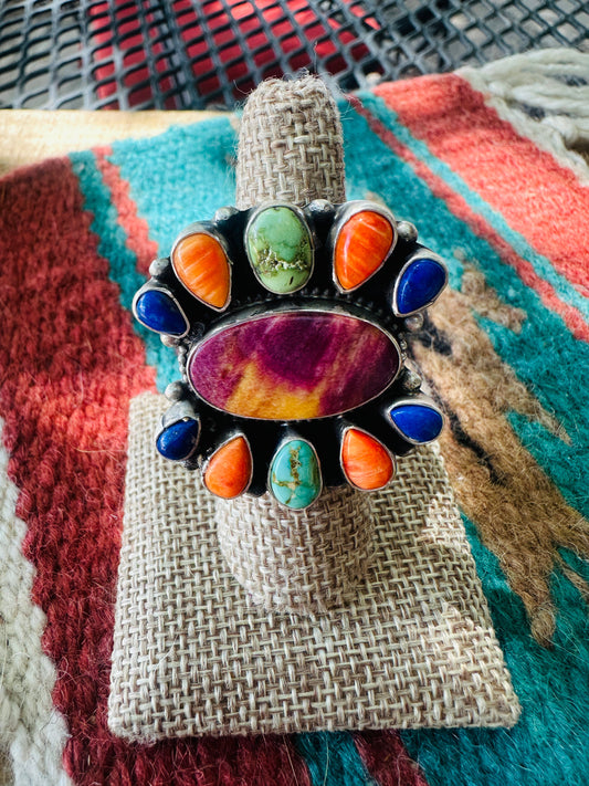Handcrafted Sterling Silver & Multi Stone Cluster Adjustable Ring