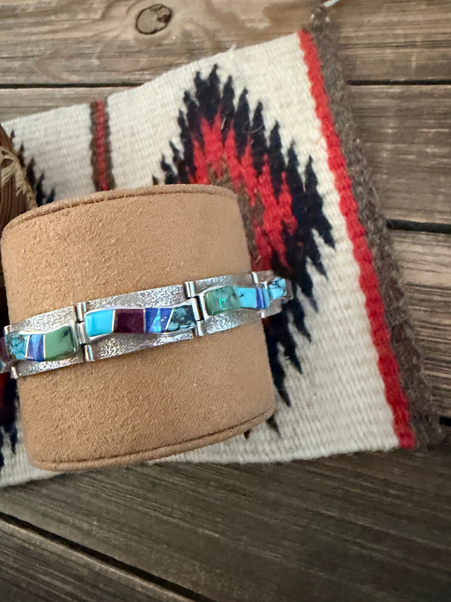 Handcrafted Old Pawn Sterling Silver & Multi Stone Inlay Link Bracelet